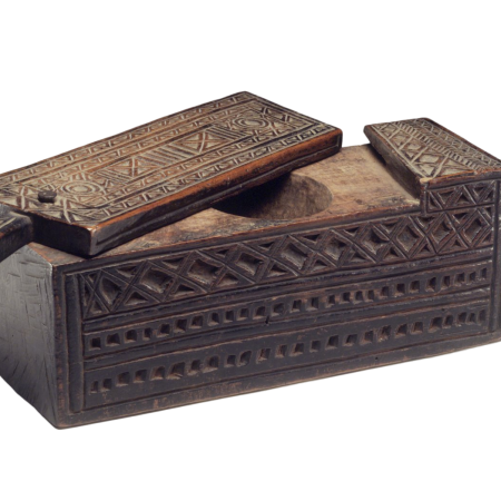 A wooden box with a lid on it.